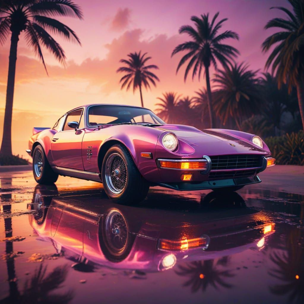 Retro Sports Car on Beach Road in Vaporwave Style