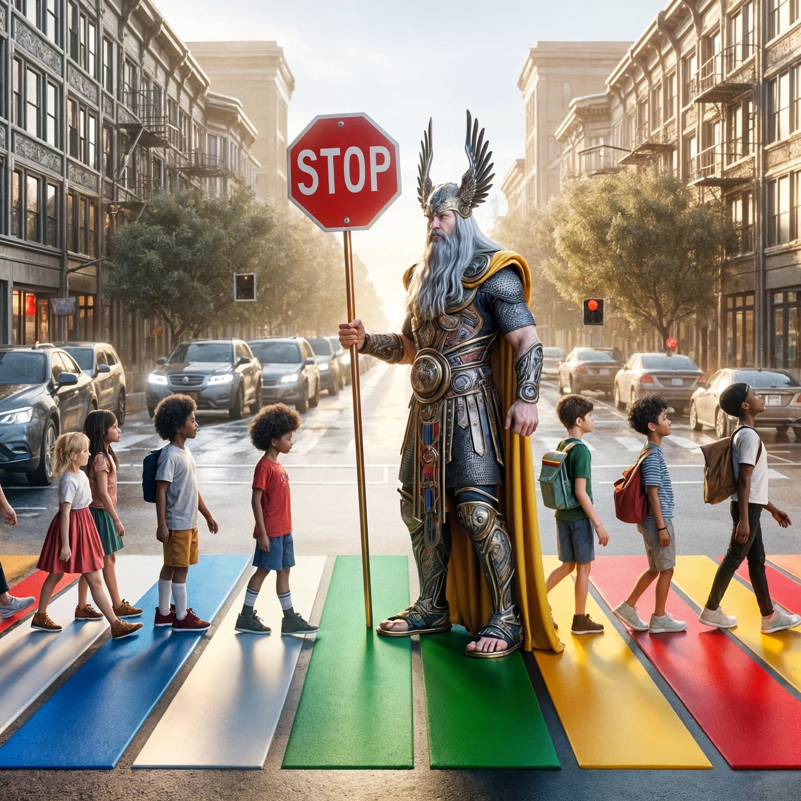 Modern Heimdall Standing Guard Over Diverse Children at a Ra...