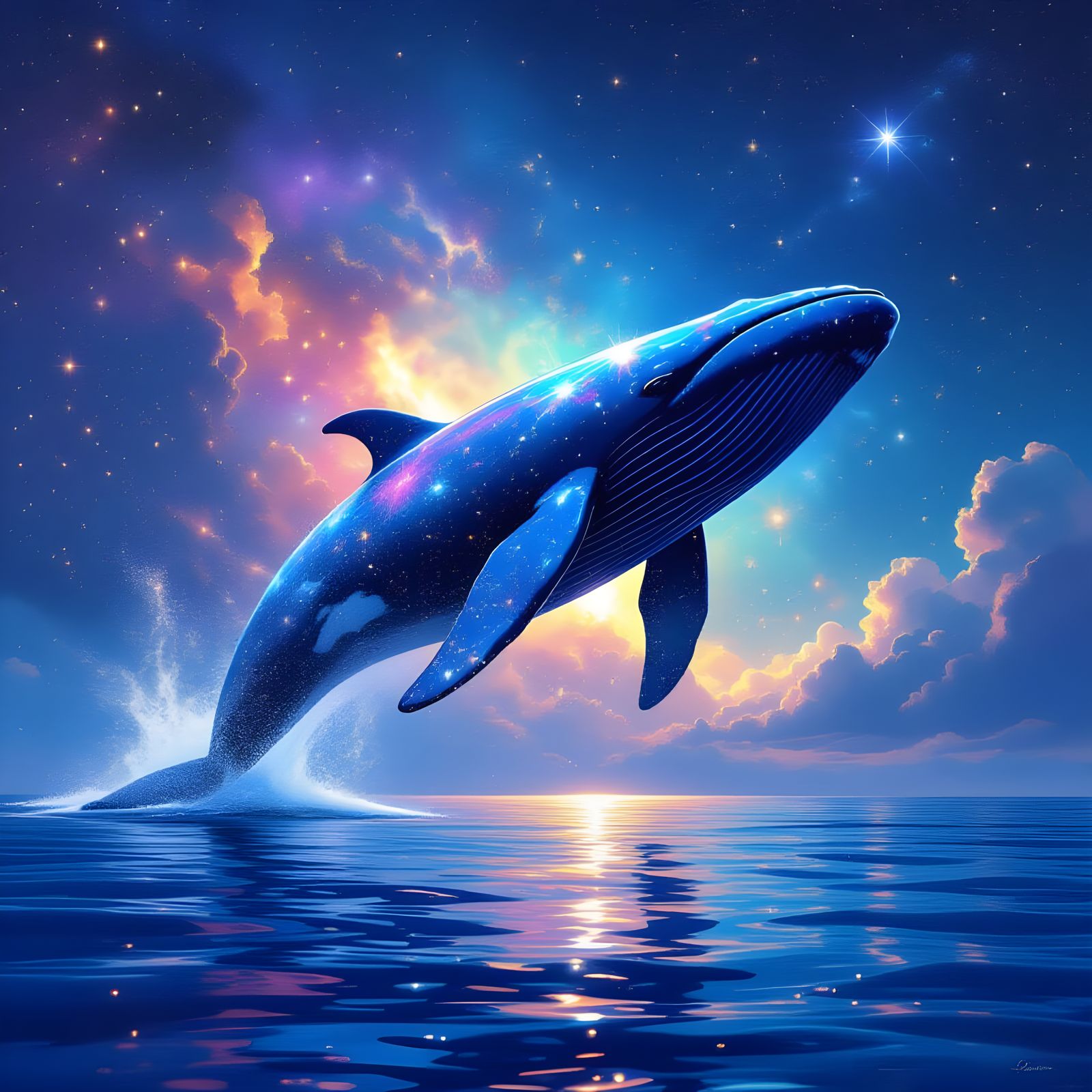 Celestial Whale Breaching Through Starry Sea: Splash Art
