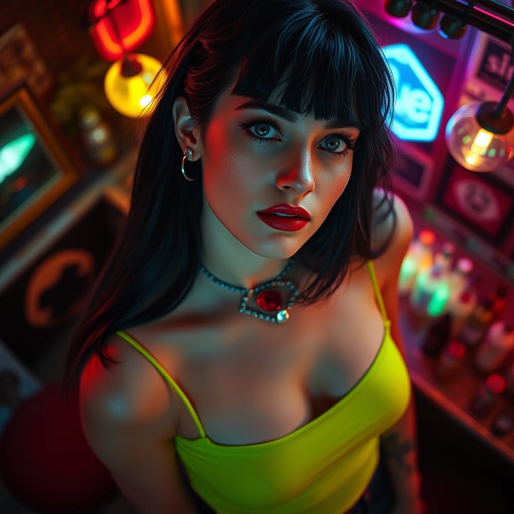 A Dreamy Portrait of a Young Woman in a Muted, Earthy Bar