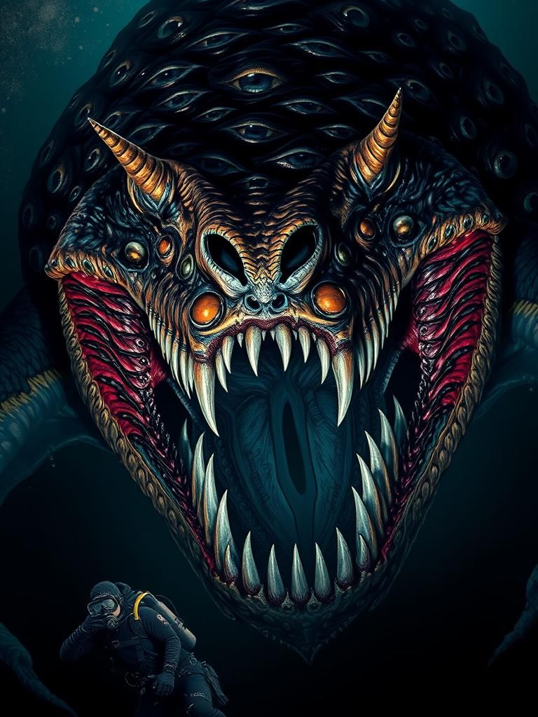 A truly haunting 42k resolution composite photograph of an Eerie,Dreadful,Following,slight closeup of 1997 the bloop cryptid creature coloss...