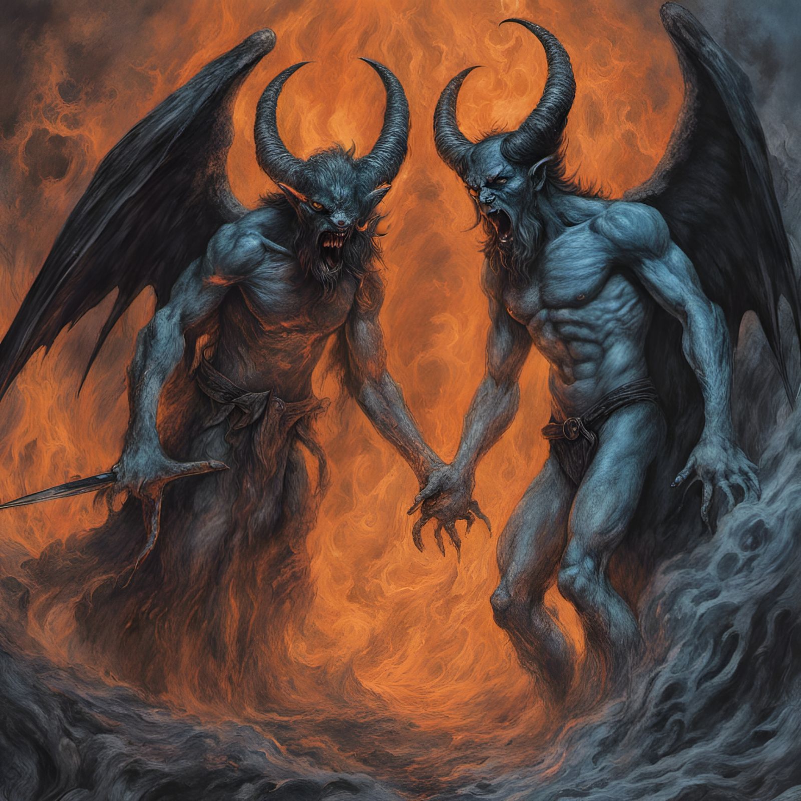 Satan and Lucifer in Hell,blue and black,orange mist in the ...