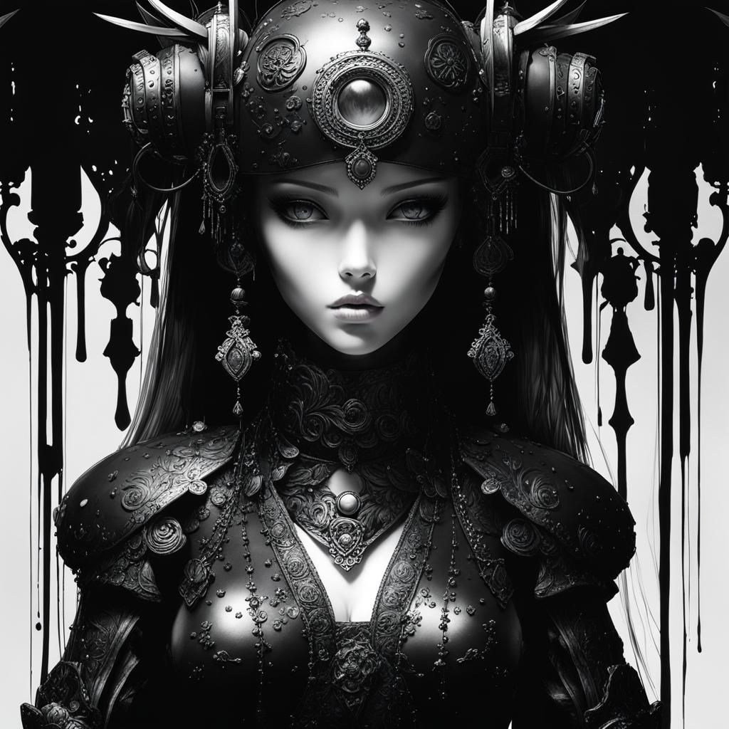 Doll (black and white 1.5) with black background, (ink splat...