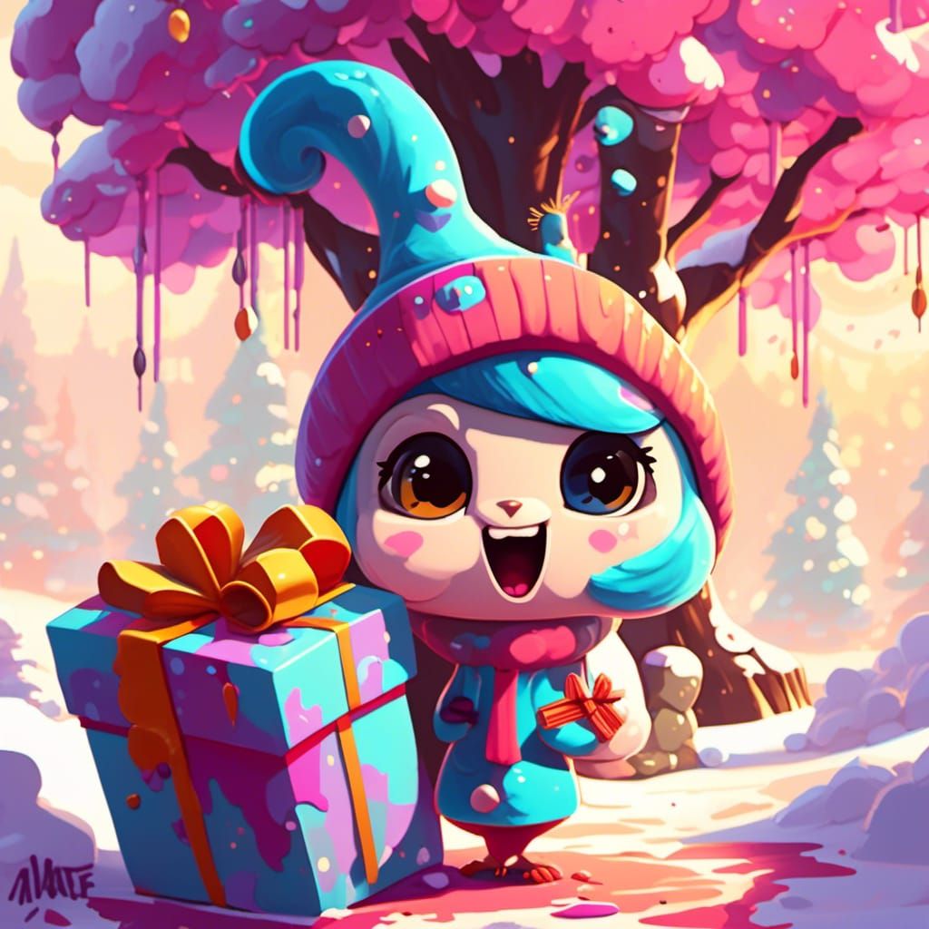 A cute squiral holding a gift box...it is standing under a t...