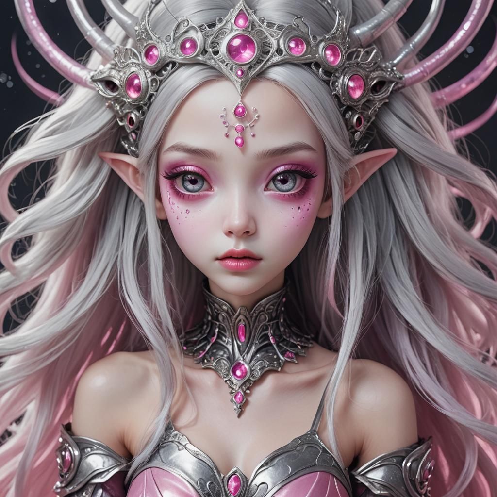 A beutiful alien princess with silver hair and large eyes an...