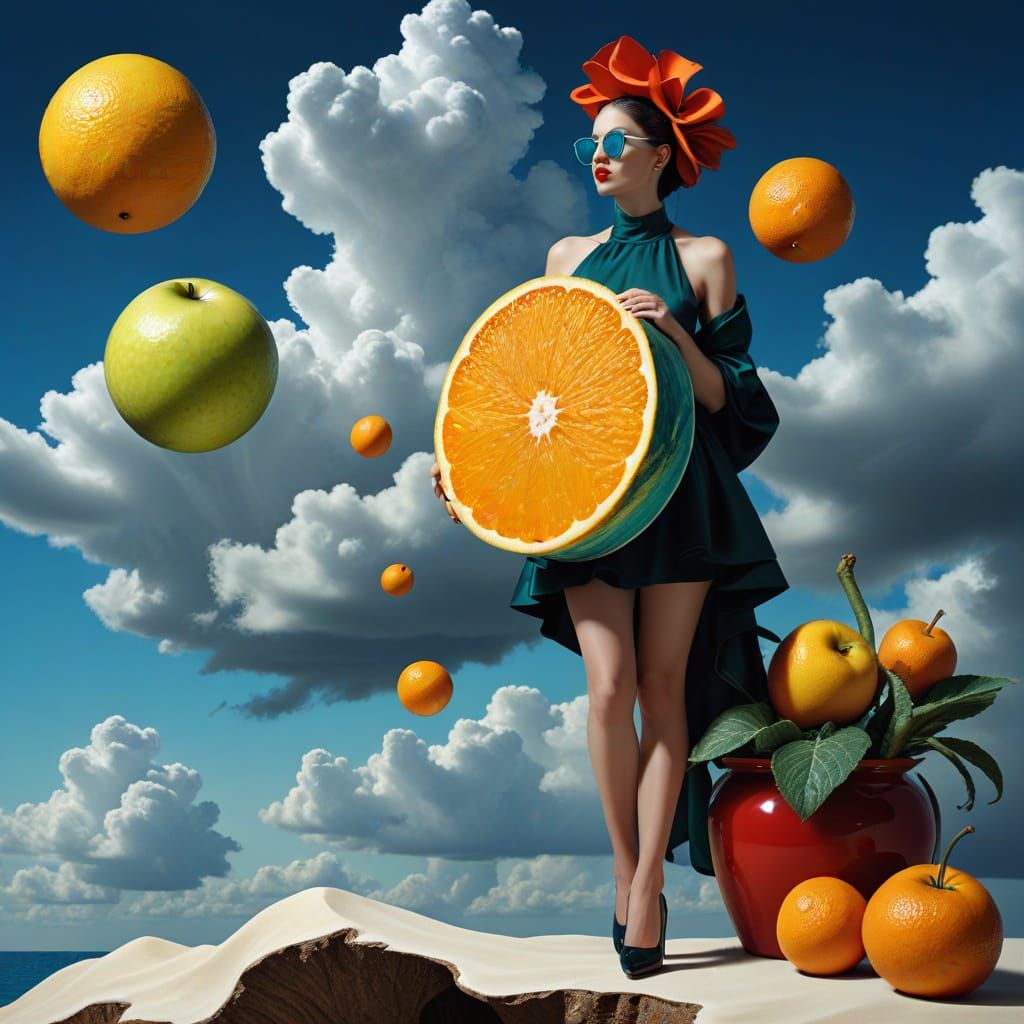 Hyperrealistic Surreal Still Life with Dressed Woman in Vibr...