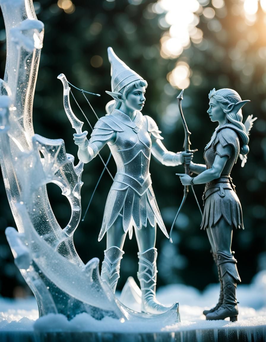 Icy Elf Archer Sculpture with Bokeh