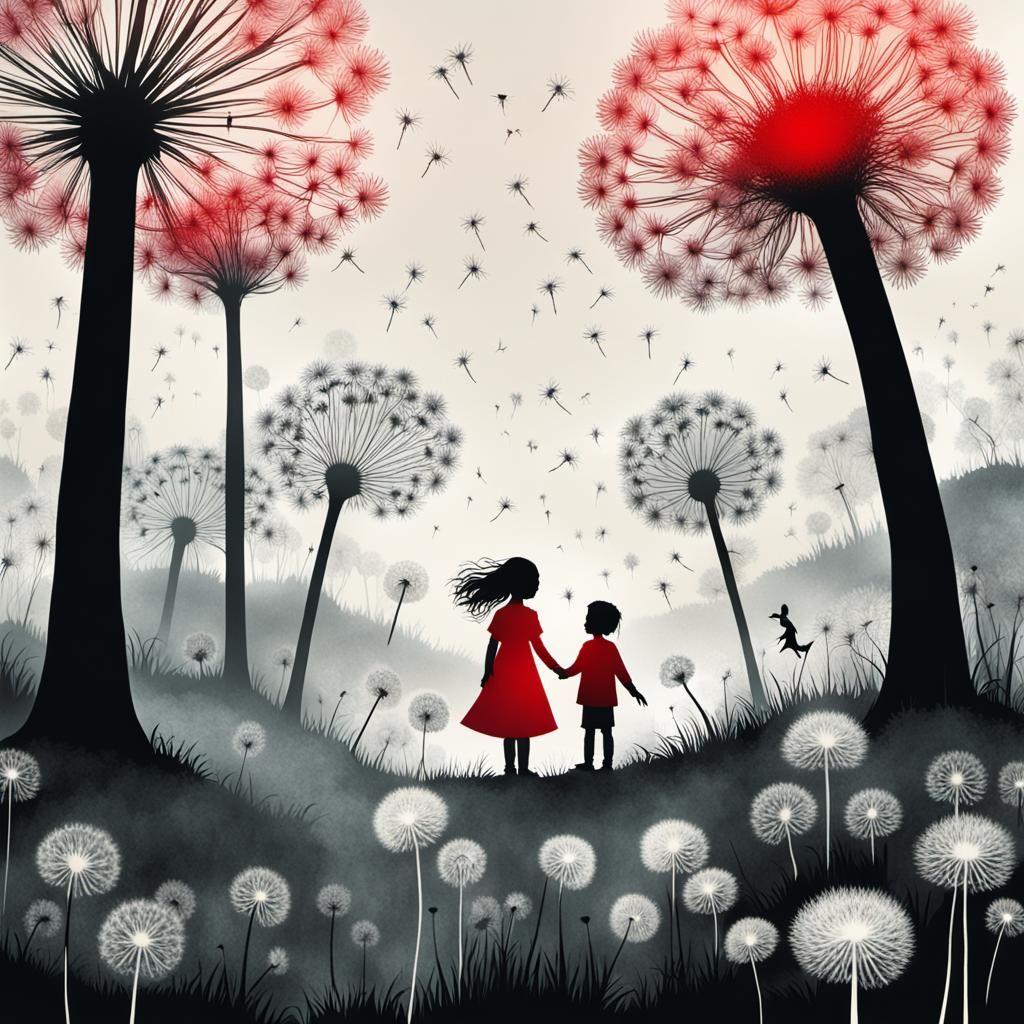 Visualize a surreal childlike landscape, containing large dandelions and a red fairy, drawing inspiration from early photographic techniques...