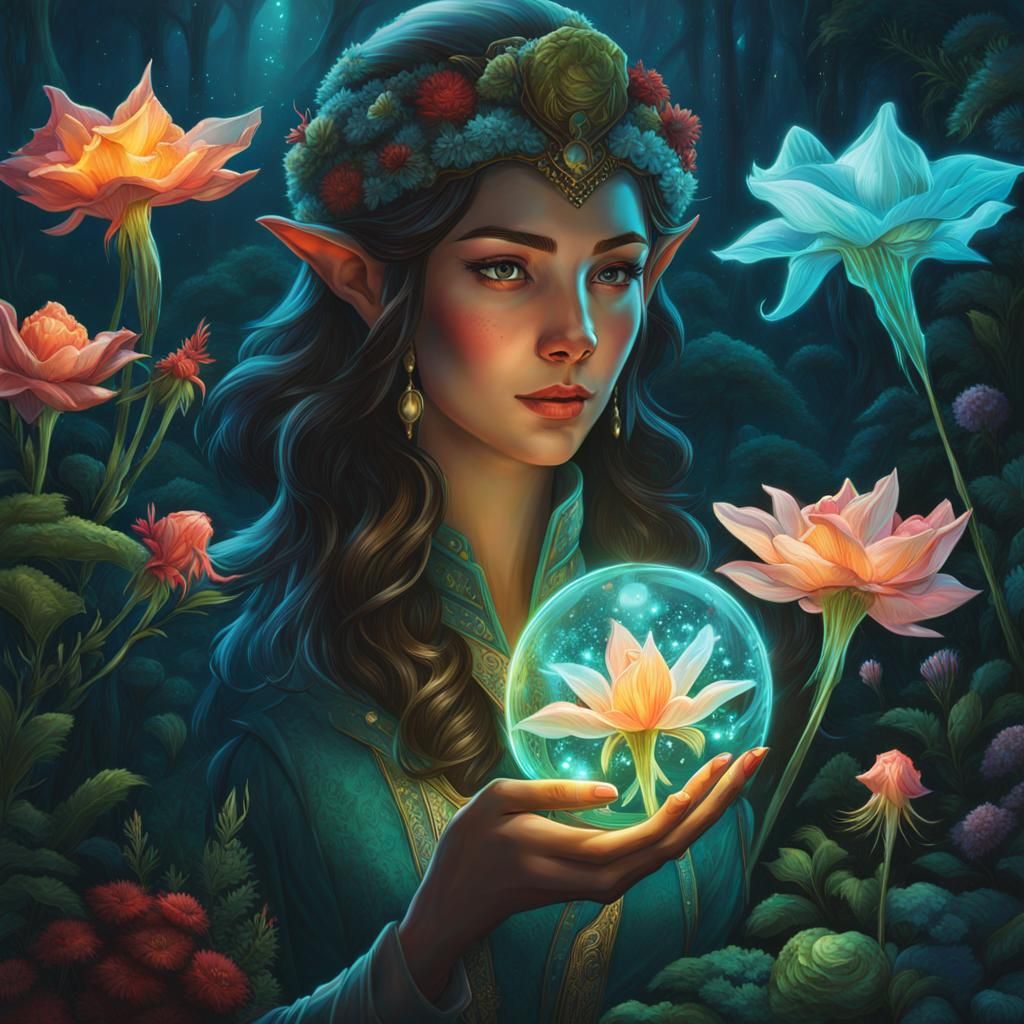 Elf woman in a bioluminescent forest