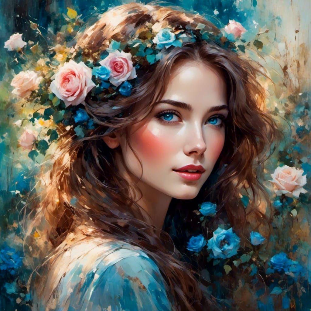 <lora:naturx smile:1.0>gorgeous portrait of a beautiful woman, blue eyes, long brown hair, roses, secret garden background