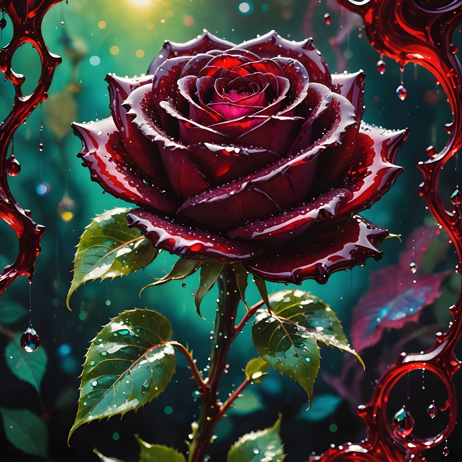 a deep dark red rose made entirely of sparkling clear green and red crystal, is slowly melting into shimmering, ...  by @Prettypoison