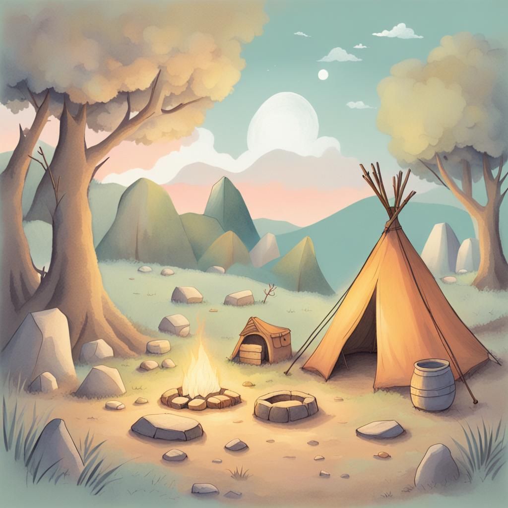 A stone age campsite, storybook illustration, soft pastel colours