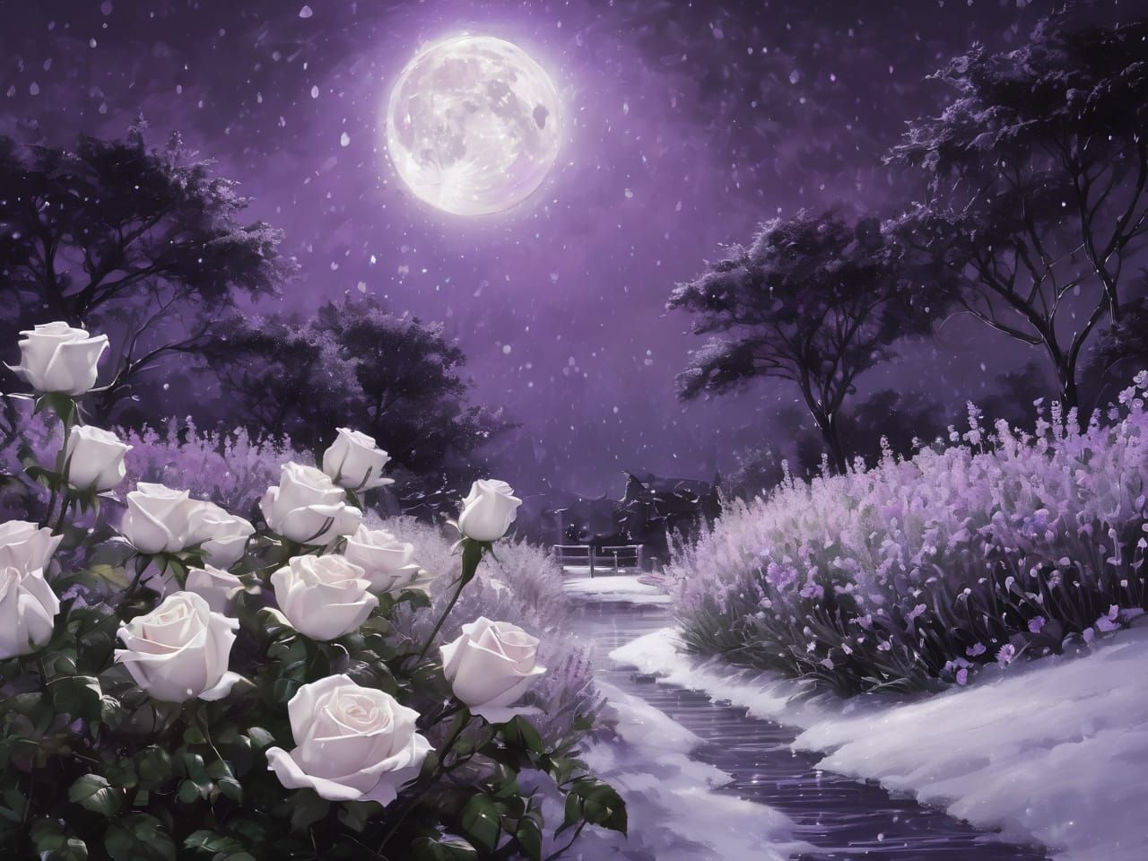 White roses and lavander garden at night
