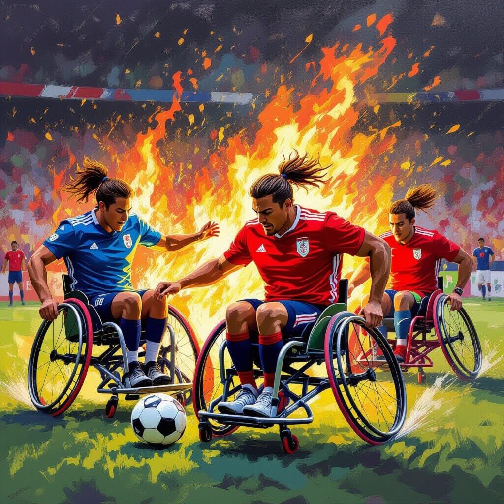 A soccer game for disabled people with chairs unites the players with fire in their eyes and the game is at its peak.