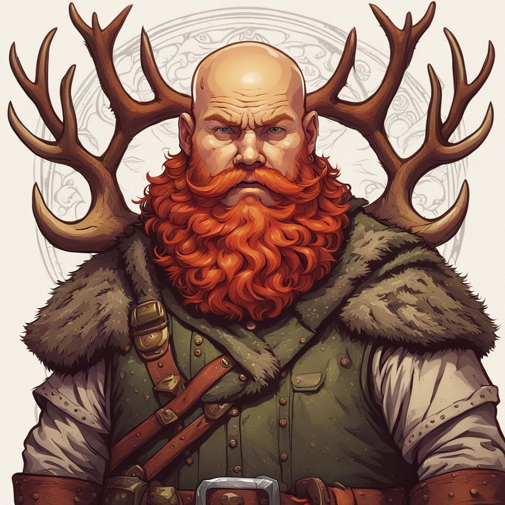 A d&d ranger short, fat, bald with crown made of stag antler...