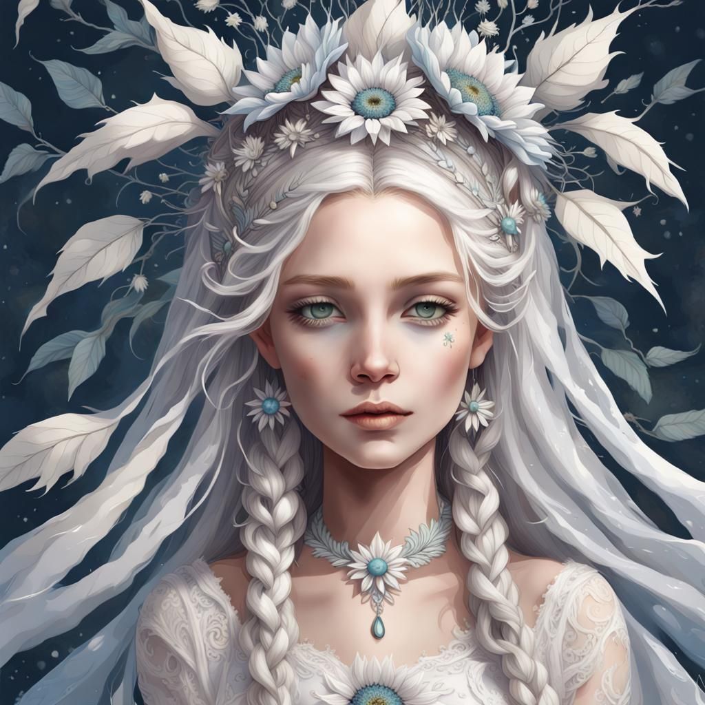 Digital painting art , whimsical White Sunflower Snow Goddess Queen with pale skin and flowing white hair adorned with intricate braids and...