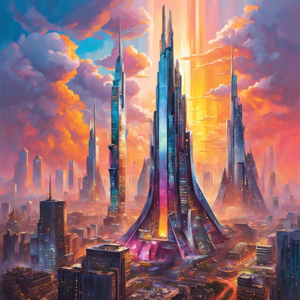 Surreal Futuristic Skyscraper Rises from Cityscape in Vibran...