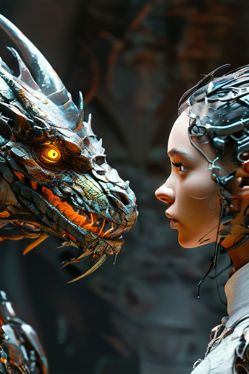 A dragon meets a Cyborg, face to face