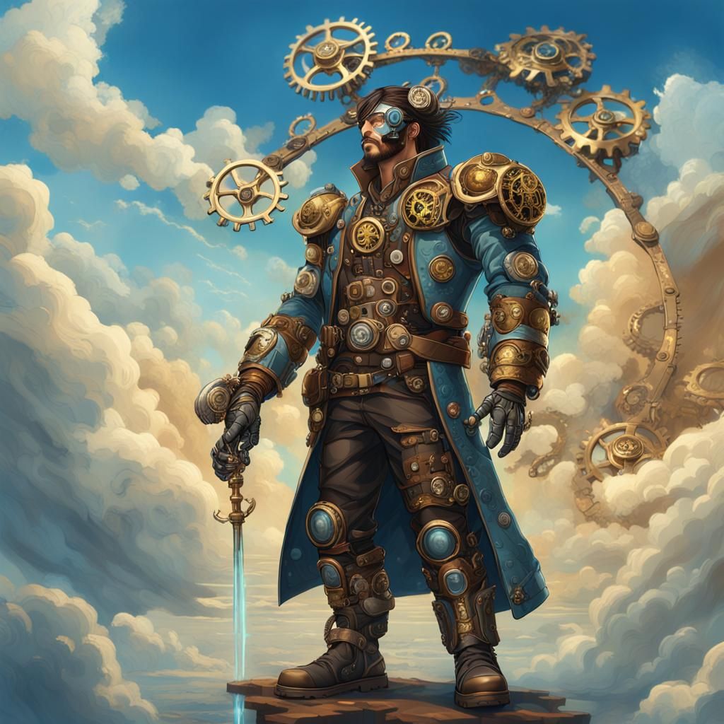 Steampunk cyborg sky pirate