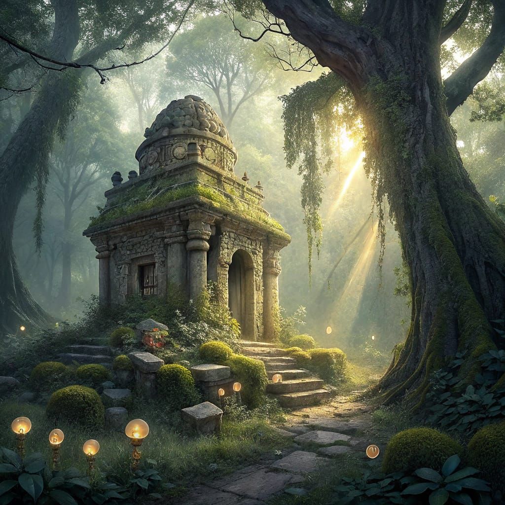 An ancient, moss-covered stone temple nestled deep within a misty, enchanted forest. Sunlight filters through the dense canopy, illuminating...