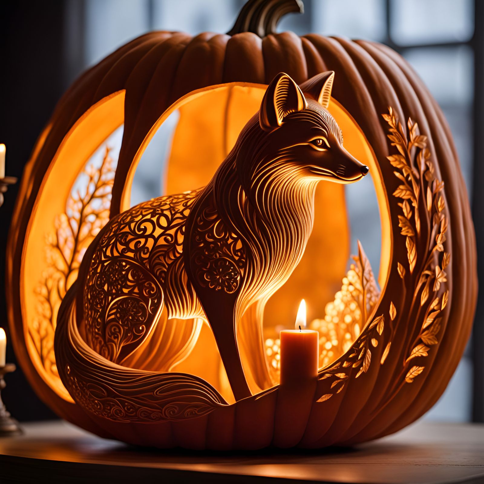Intricately carved Fox into a large pumpkin with a candle.  by @CreditonJules