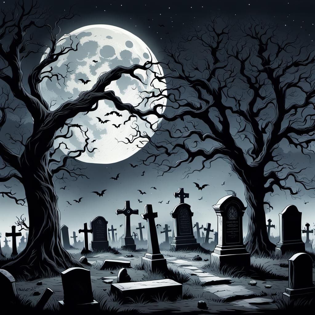 Art of a Gothic graveyard scene with weathered tombstones, t...