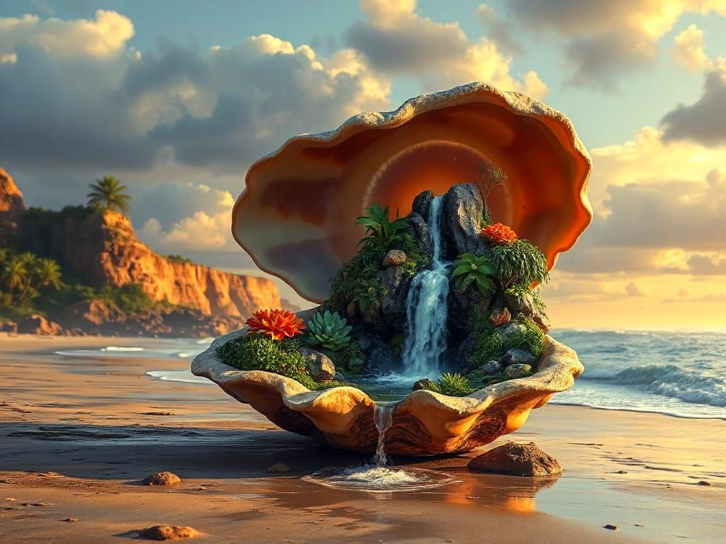 Giant standing conch shell with a waterfall emerging on the beach, microclimate and vegetation insid  by @Hugo Raul