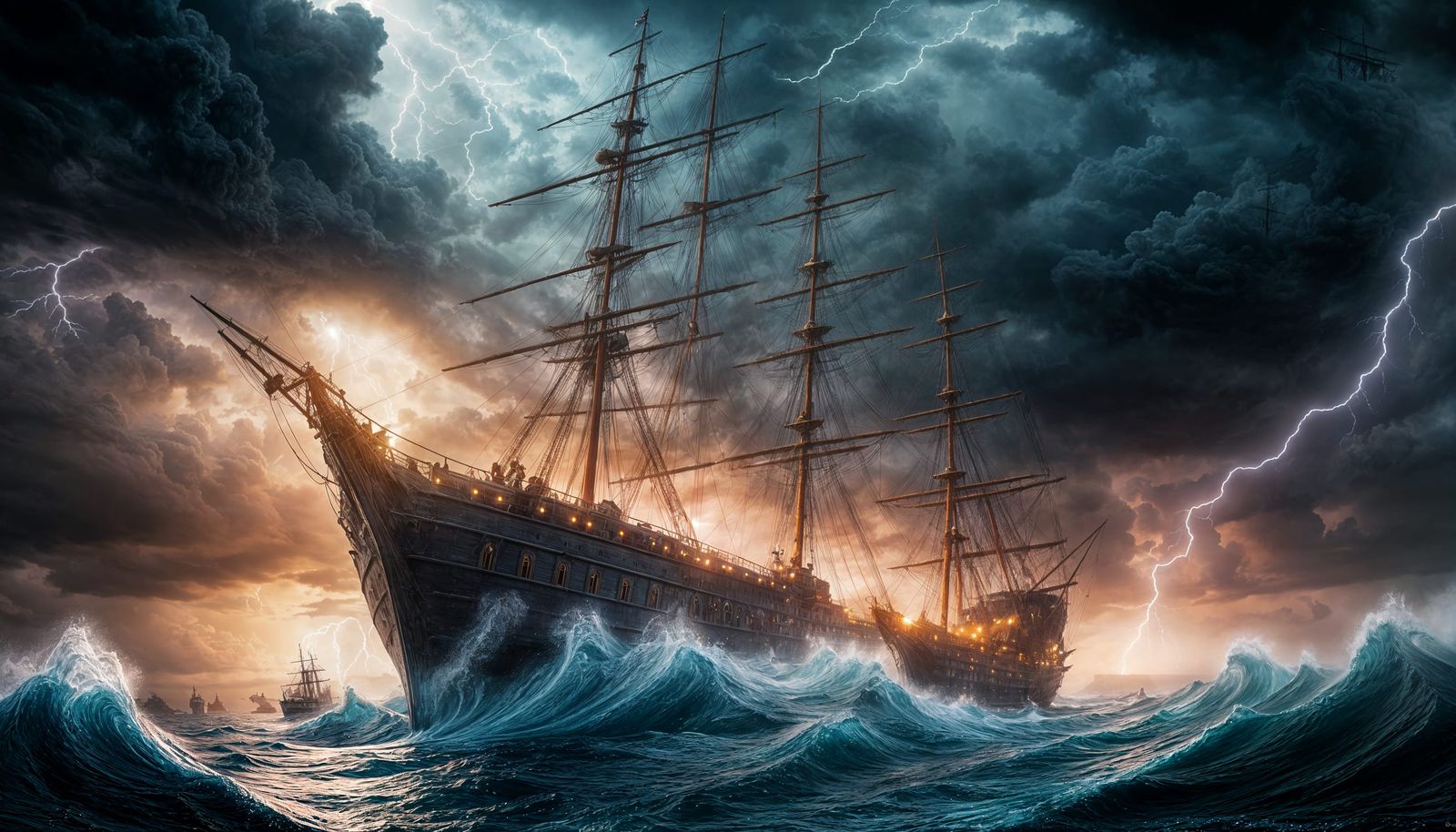 waves crashing against ship in rain