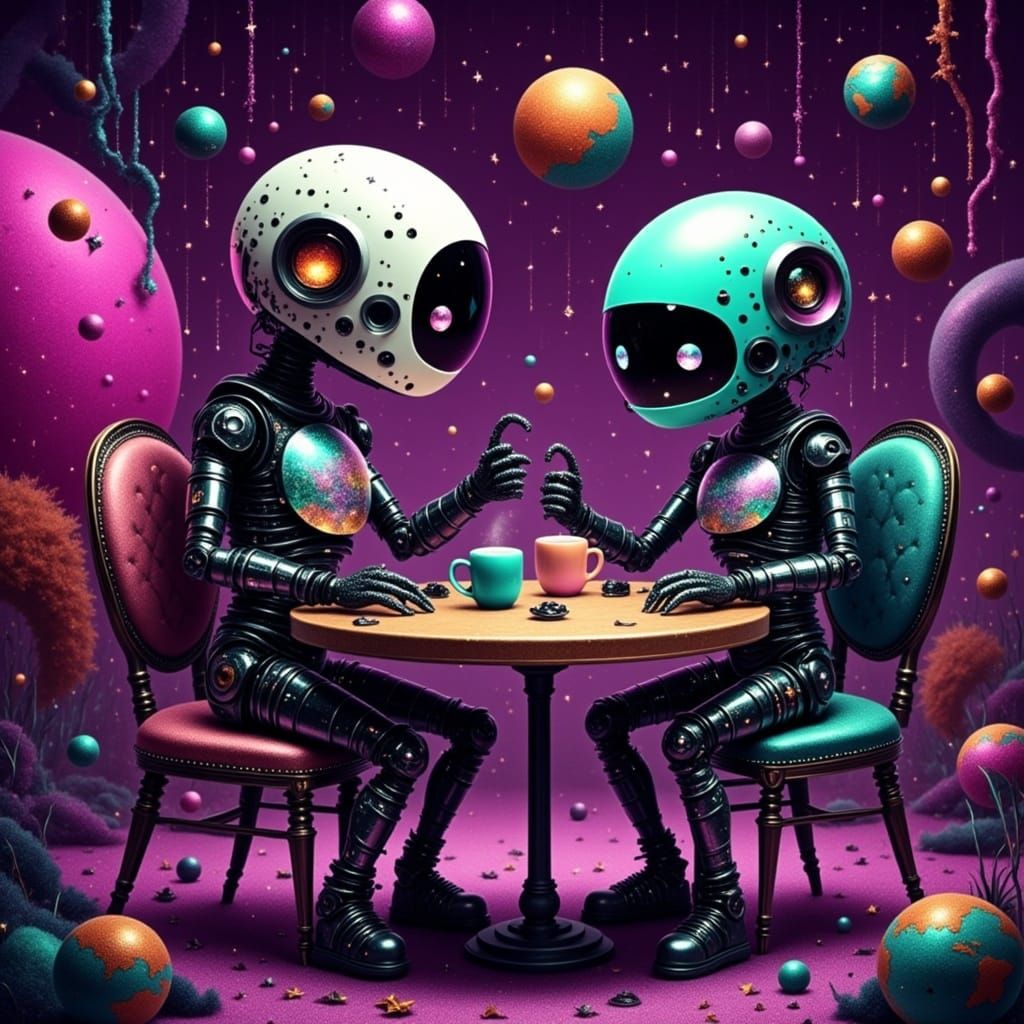 <lora:GLITTERGORE:1.0> Cute robots at a cafe in outer space 