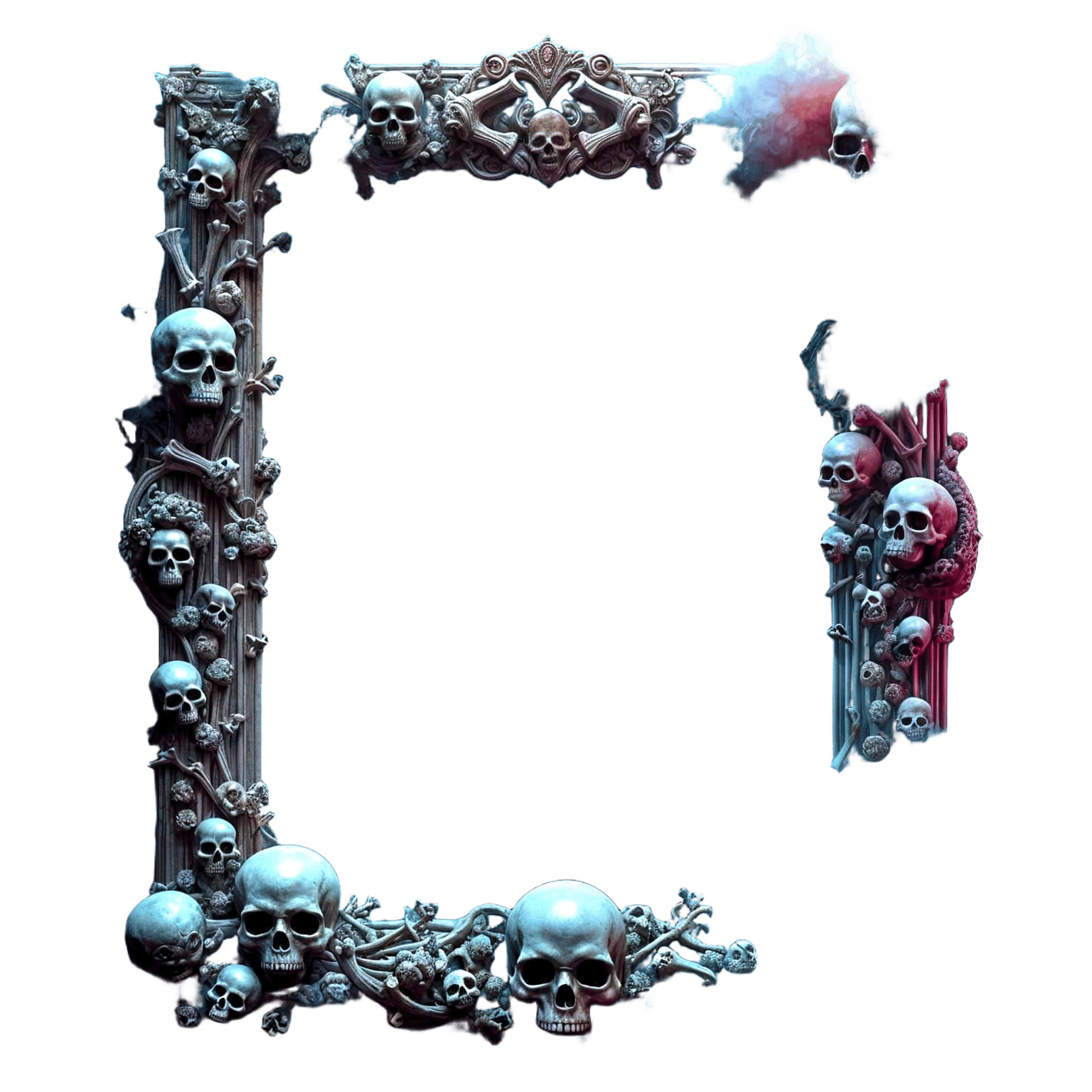border of intricate human skulls, and random bones from various parts of the human body, a dark and mysterious composition featuring a borde...
