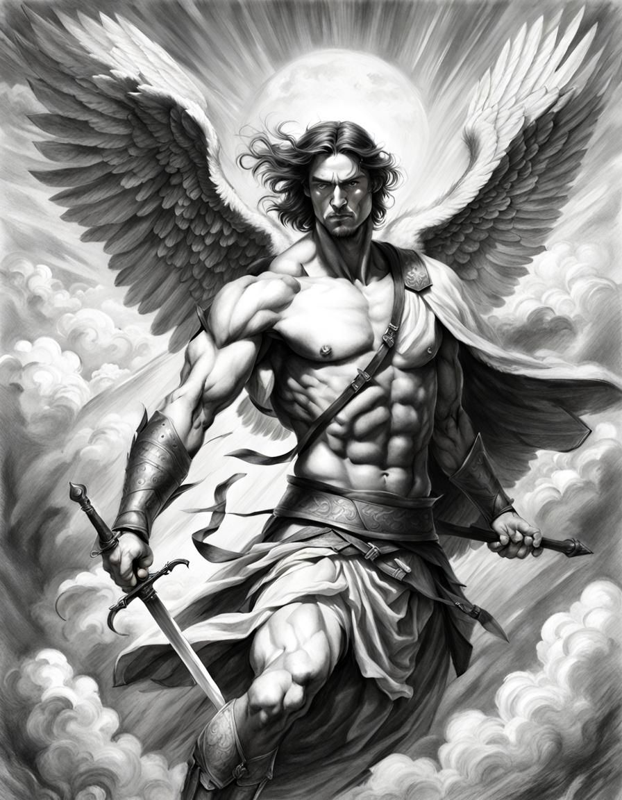 A male angel warrior in a dynamic pose