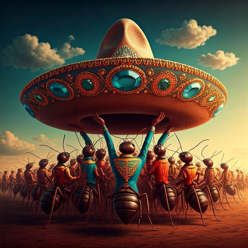 an army of ants lifting up a colorful jewel studded sombero :: colorful background  by @PL