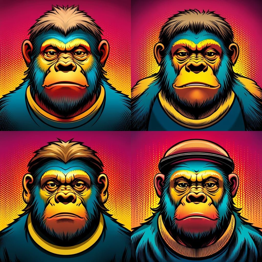 portrait of pop art cartoon Ape with a frown that moves his whole face ...