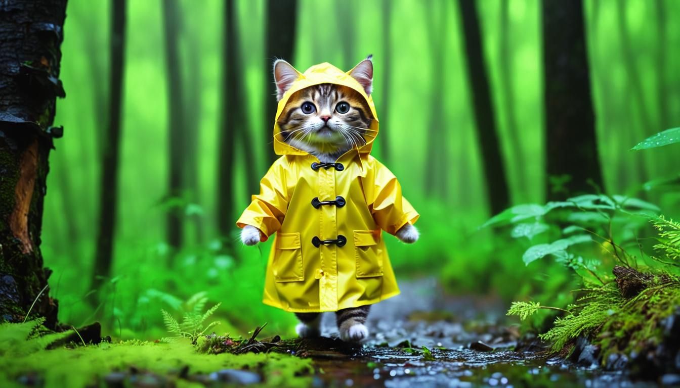 tiny cute happy cat in a yellow raincoat in the woods, rain, a character portrait, Tilt-shift, bokeh  by @Erick Jimenez