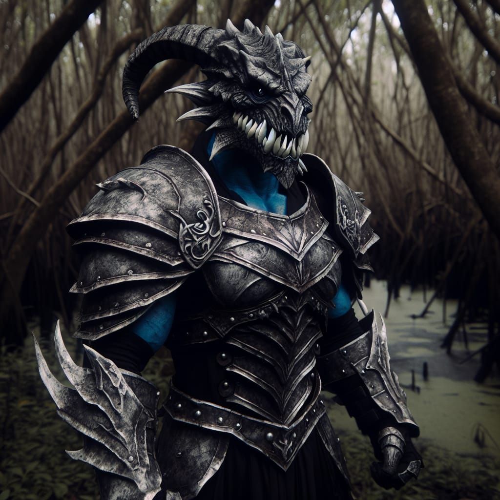 Armored Dragon Man in Eerie Swamp