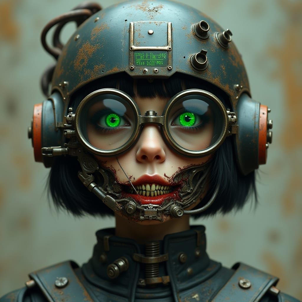 Cyberpunk Humanoid Woman with Tarnished Metal Helmet and Mec...