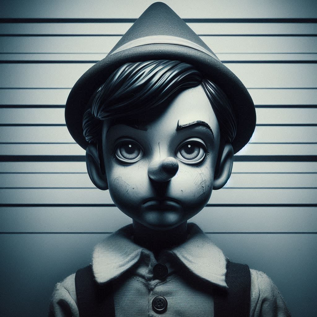 pinocchio, mugshot-style portrait