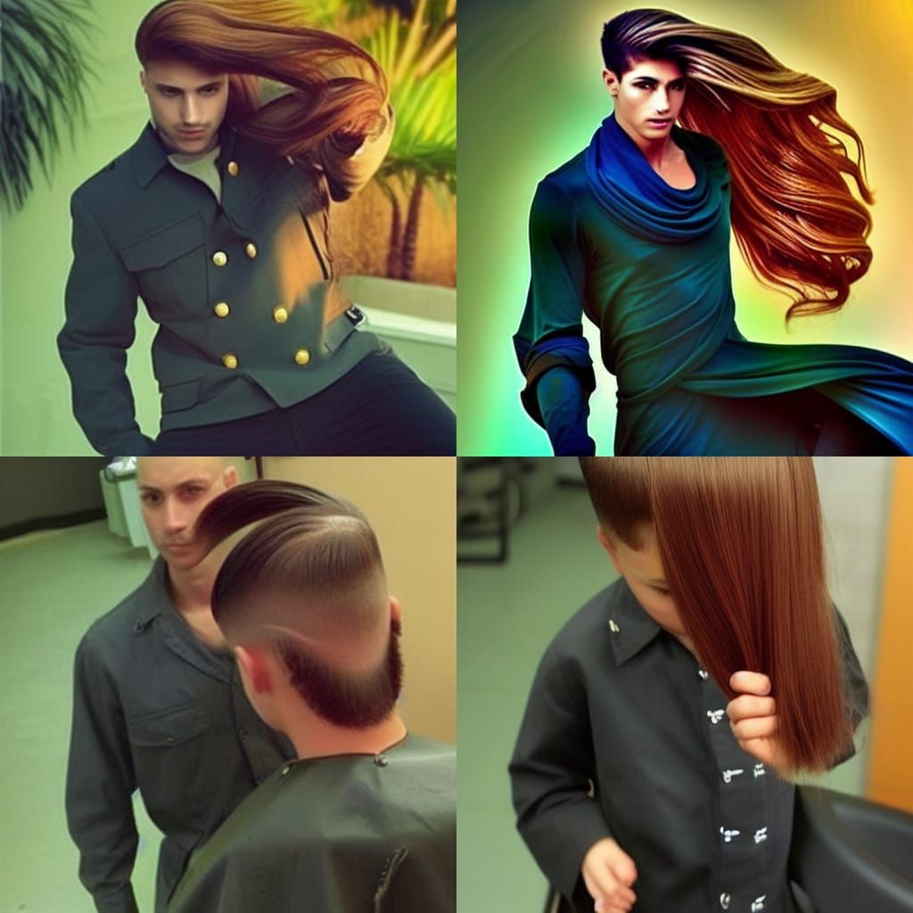 Make him younger and shorten his hair into a military hair c...