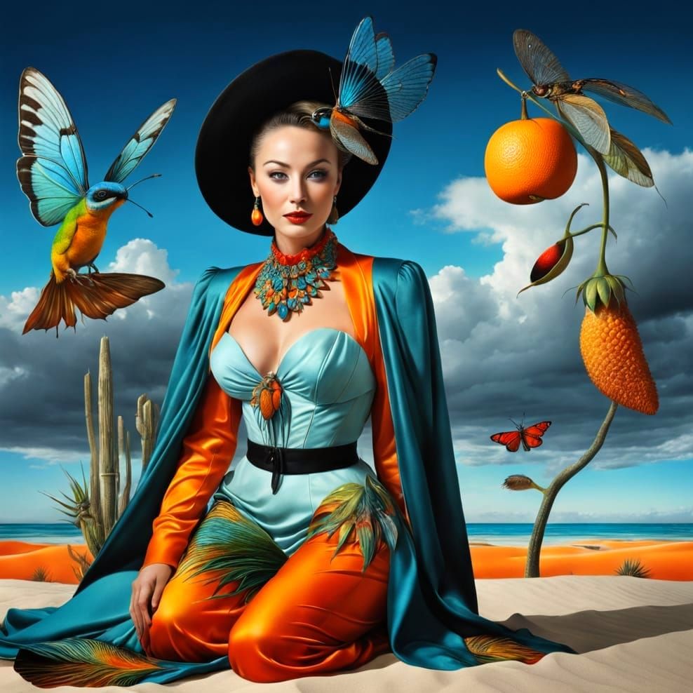Surreal Woman in Colorful Dreamscape: Photorealistic Art
