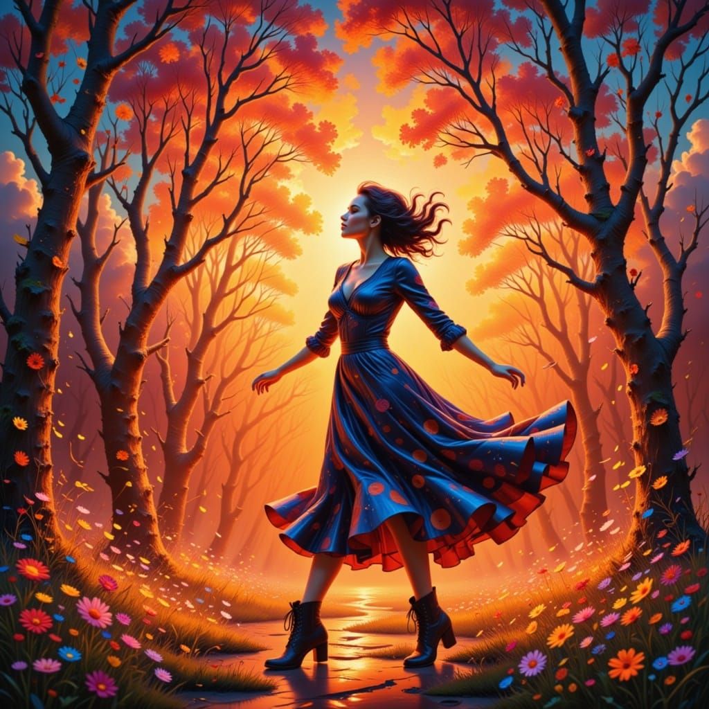 Rosie woman lacing up her boots
Sunny skies meet the spice of red
Tomorrow's land, a beat awaits
Rhythmic vibe, lift the spirits high <lora:...