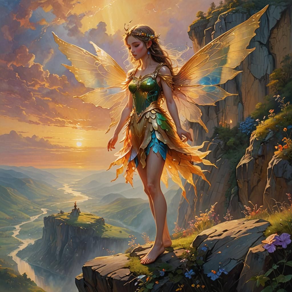 Fantasy Fairy on Cliff at Sunset in Oil Painting Style