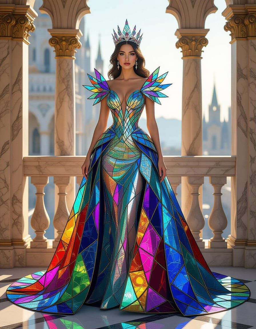 Queen in stained glass gown overlooks her kingdom  by @A handsome lad