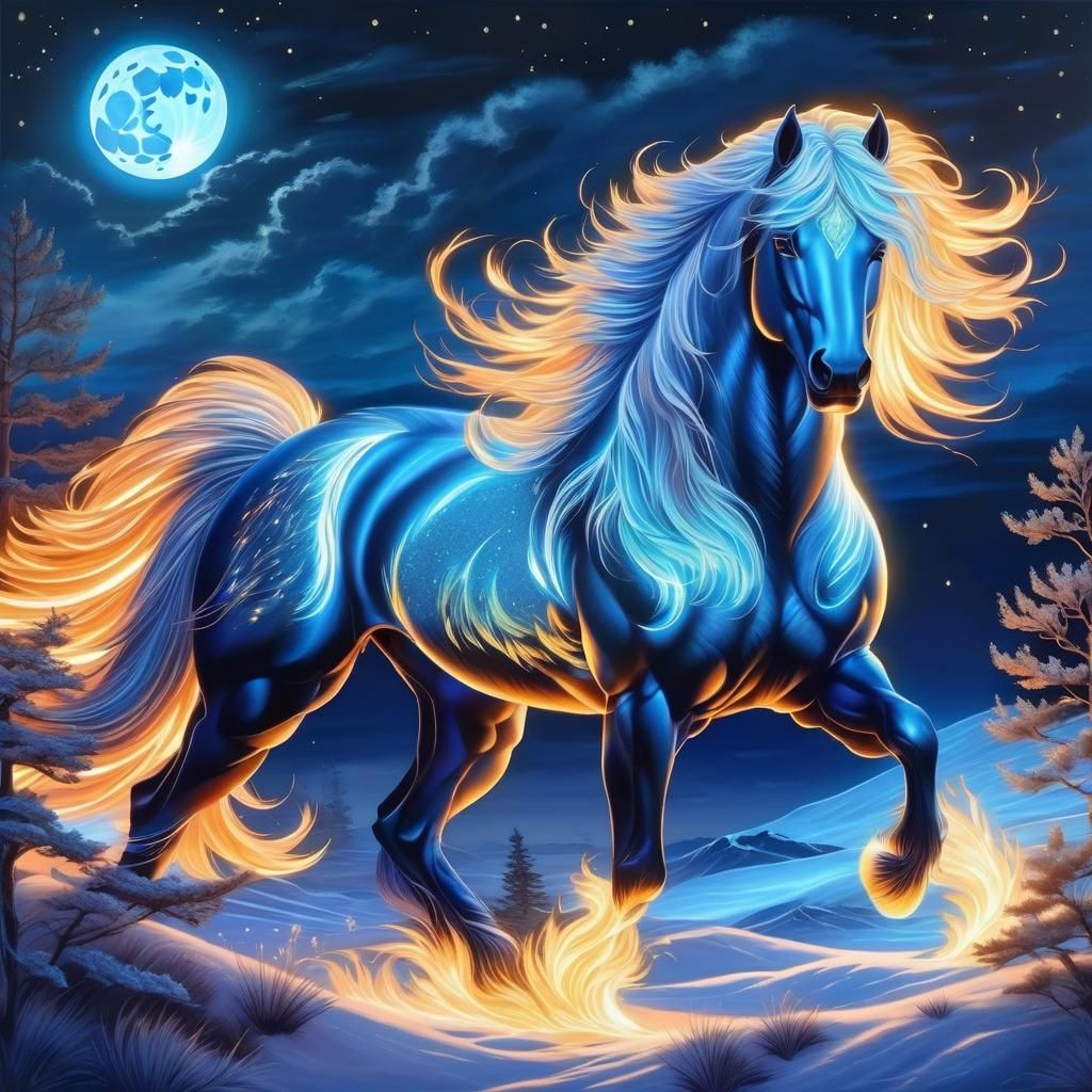 Glowing Stallion with Fiery Mane in Magical Nature