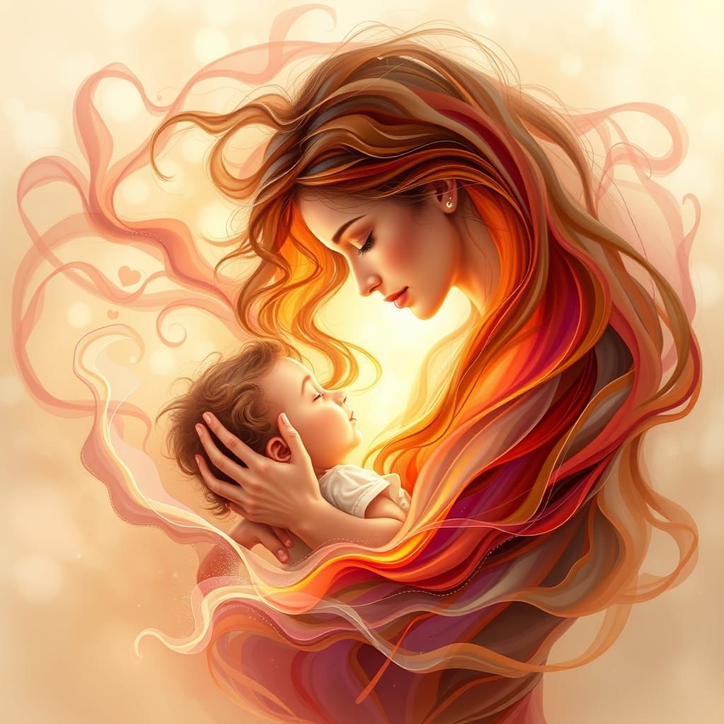 create an abstract tribute showing the strength, softness, and magic of motherhood. Use swirling colors and ethereal sha...