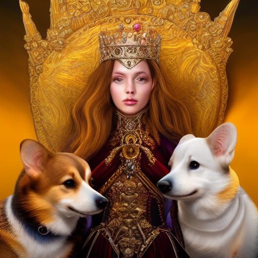 Queen portrait with corgis hyperdetailed hyperrealistic phot...