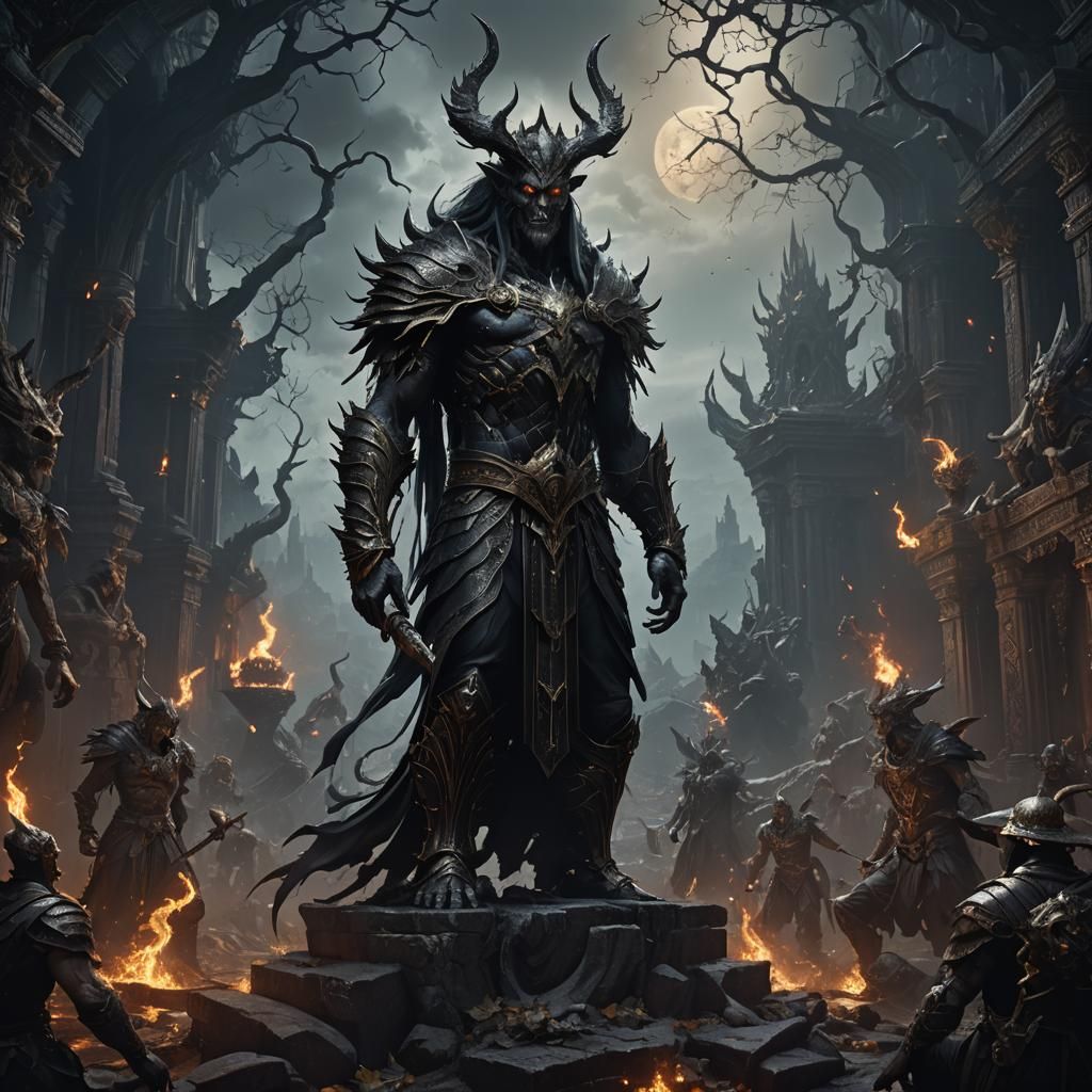 "Portray the god of darkness as resembling humans, handsome ...