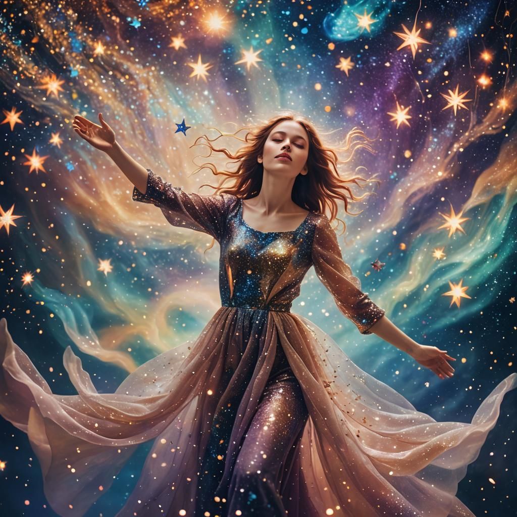 Dreamlike Surrealism: Person Floating Among Stars