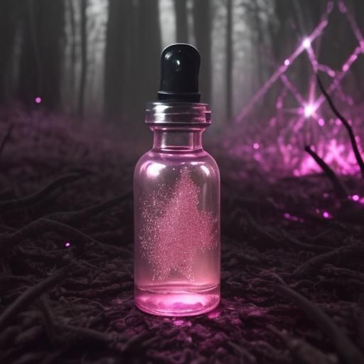 A sparkly pink tincture in a dark, creepy forest