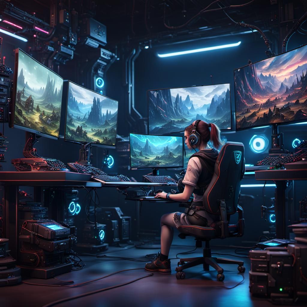A cute gamer girl playing a massive gaming PC setup   by @undefined