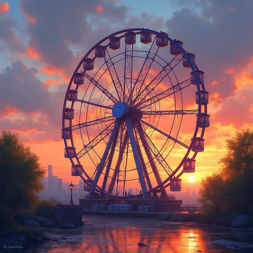 Vibrant Sunset Ferris Wheel in Impressionist Style